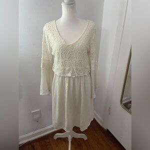 Zanzea Ivory Lace V-Neck Long Sleeve Midi Dress